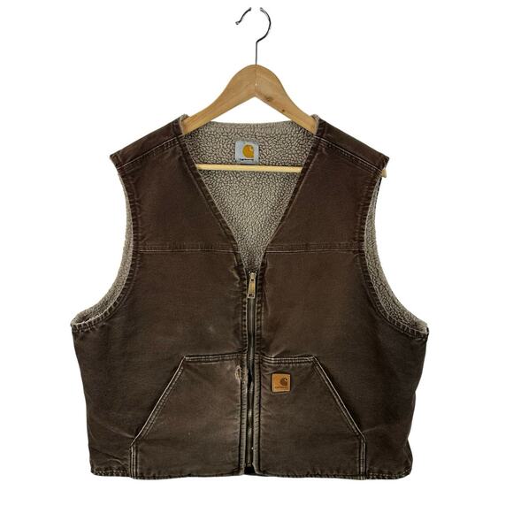Carhartt Sandstone Rugged Vest Sherpa Lined Size XL Brown Work Utility Distress - Picture 1 of 11
